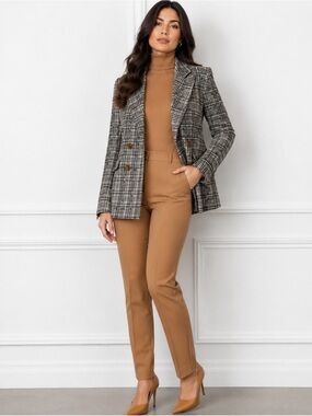 Topshop Black and Cream Plaid Double-Breasted Blazer with Brown Buttons